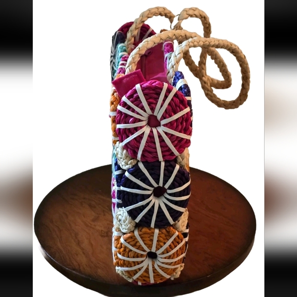 Colorful Patchwork Straw Tote Bag Vibrant Multicolor Summer Vibes - Picture 3 of 11